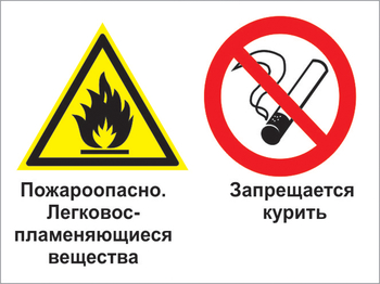 Кз 23 пожароопасно - легковоспламеняющиеся вещества. запрещается курить. (пленка, 600х400 мм) - Знаки безопасности - Комбинированные знаки безопасности - магазин "Охрана труда и Техника безопасности"
